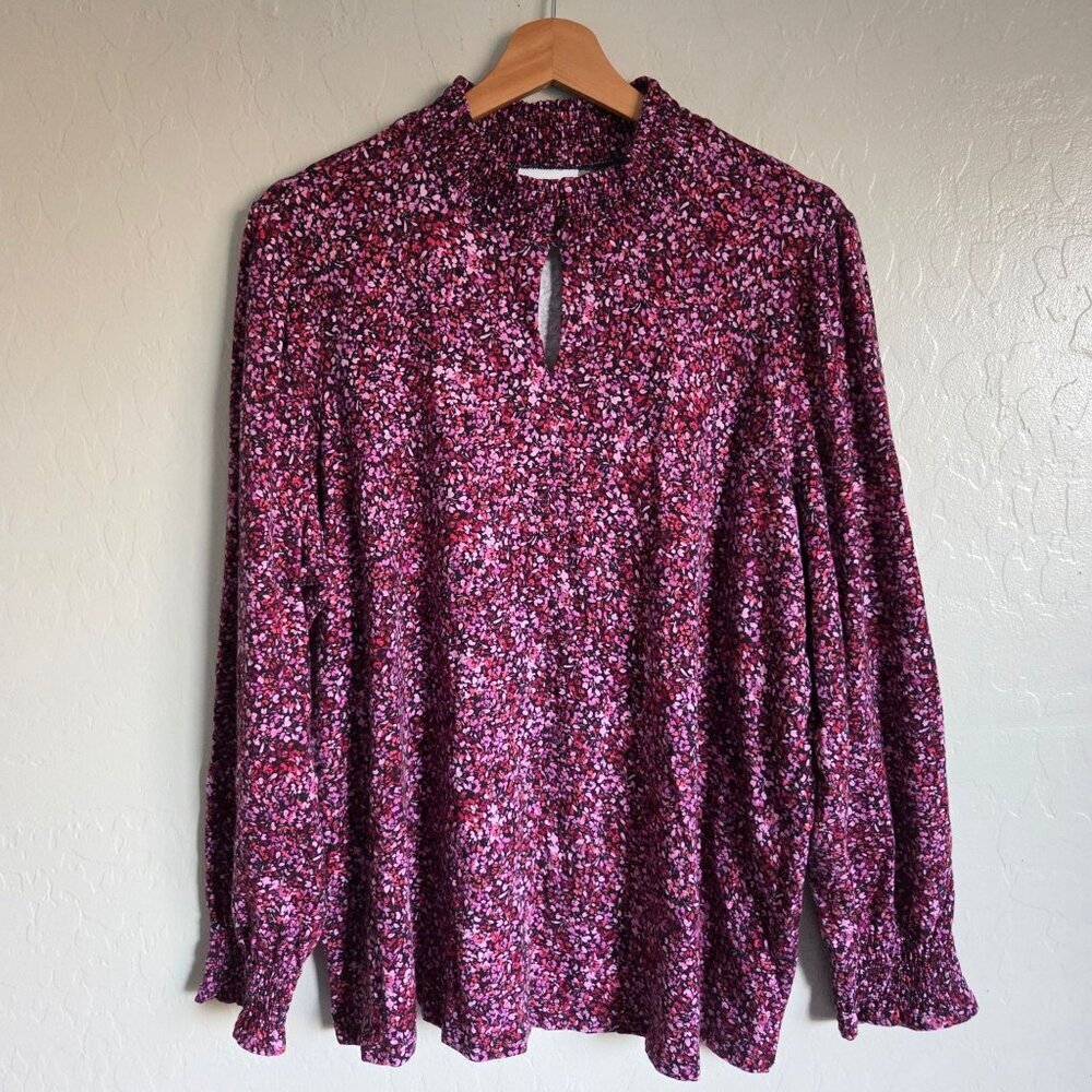 J.Jill Smocked Mock Neck Top in Strawberry Petals Pink Sz XL Long Sleeve Keyhole